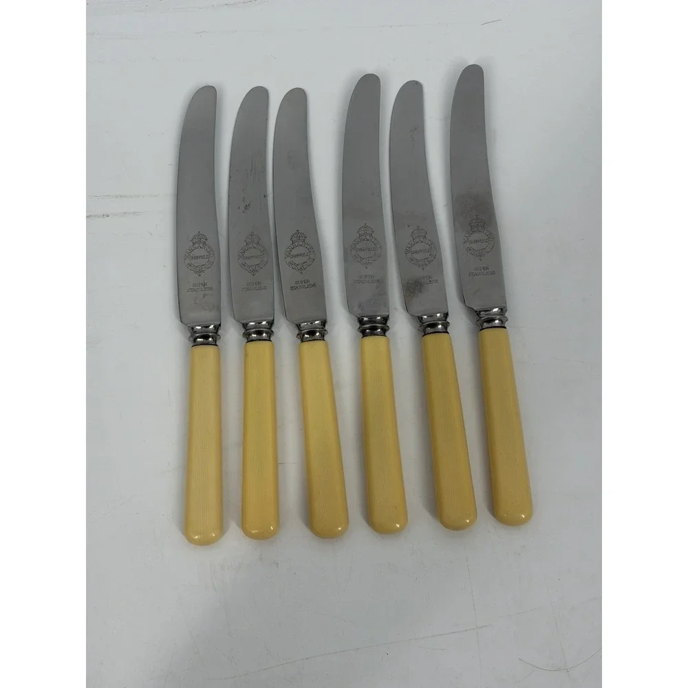 Vintage Sheffield Dinner Knives Set 6‎ Yellow Handle MCM Retro Flatware